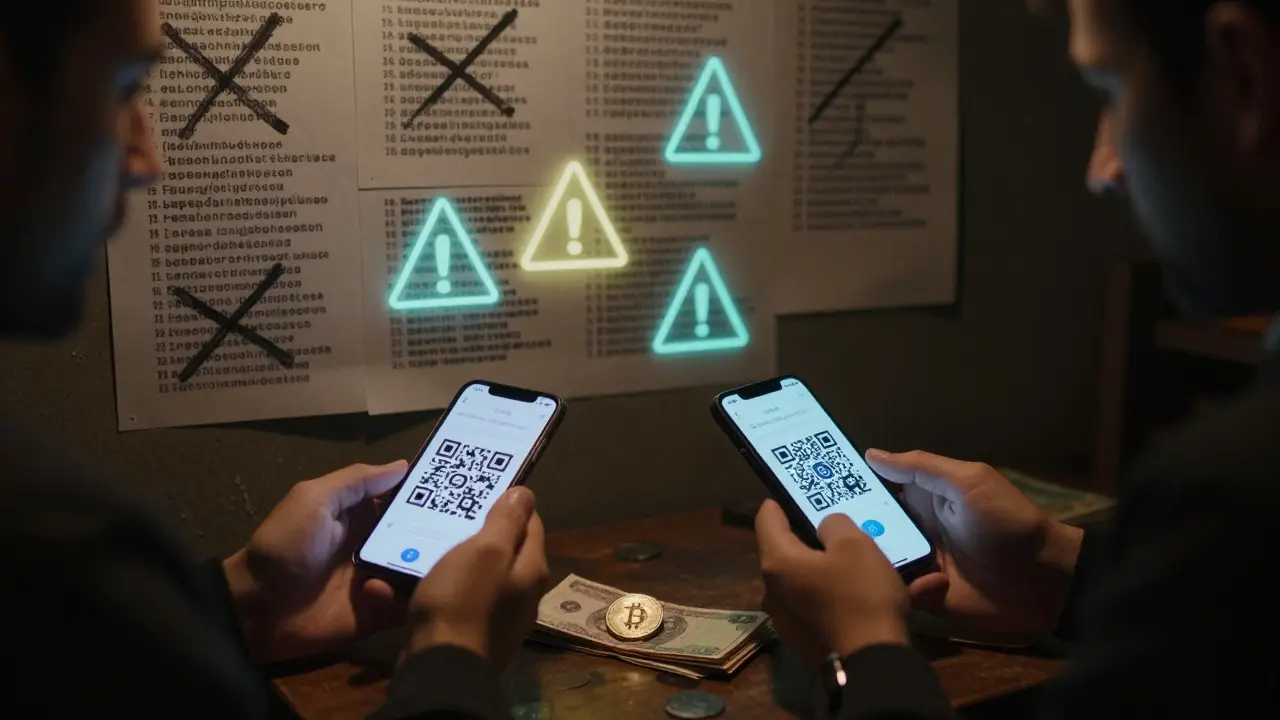 Two individuals trading crypto in a basement, surrounded by handwritten blockchain addresses and a Monero coin.