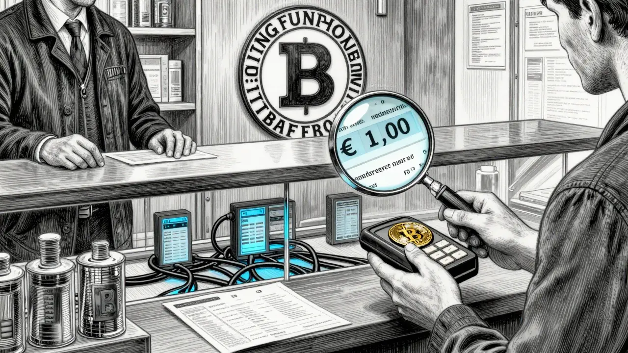 A bakery accepts Bitcoin, but hidden regulators monitor the transaction in intricate etching.