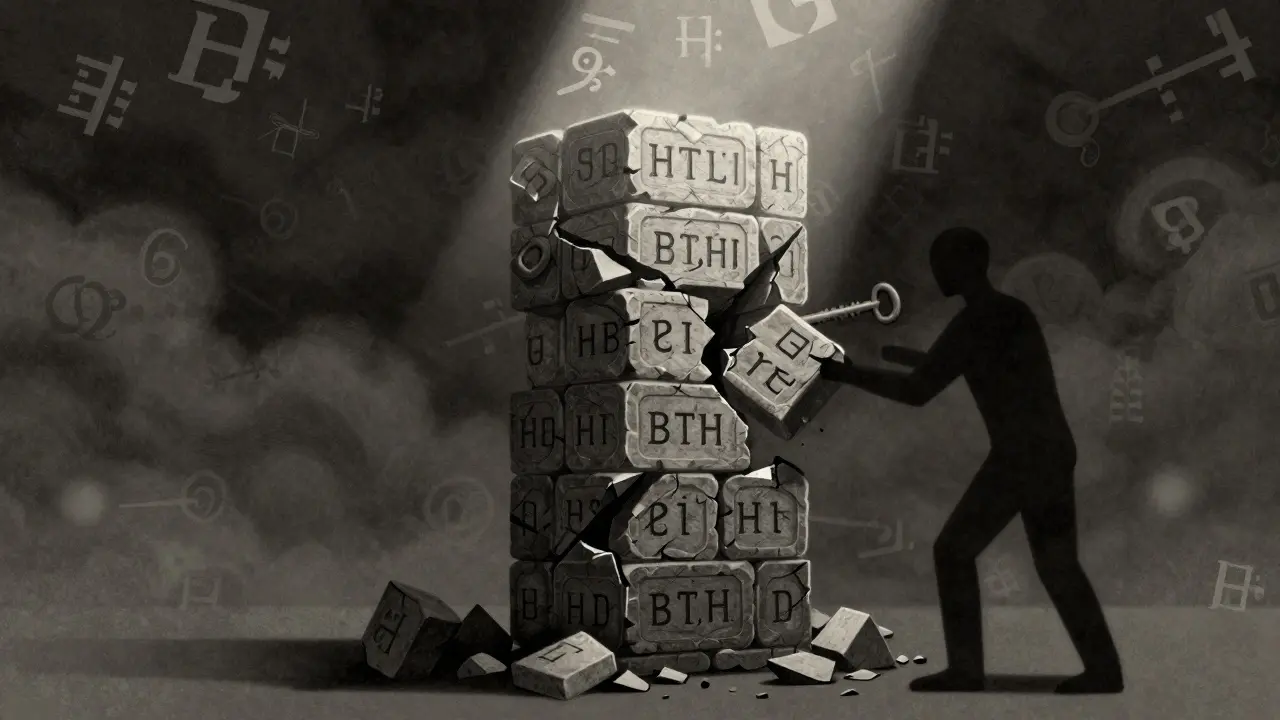 A blockchain tower under threat as a fake block replaces a real one, shown in detailed etching.