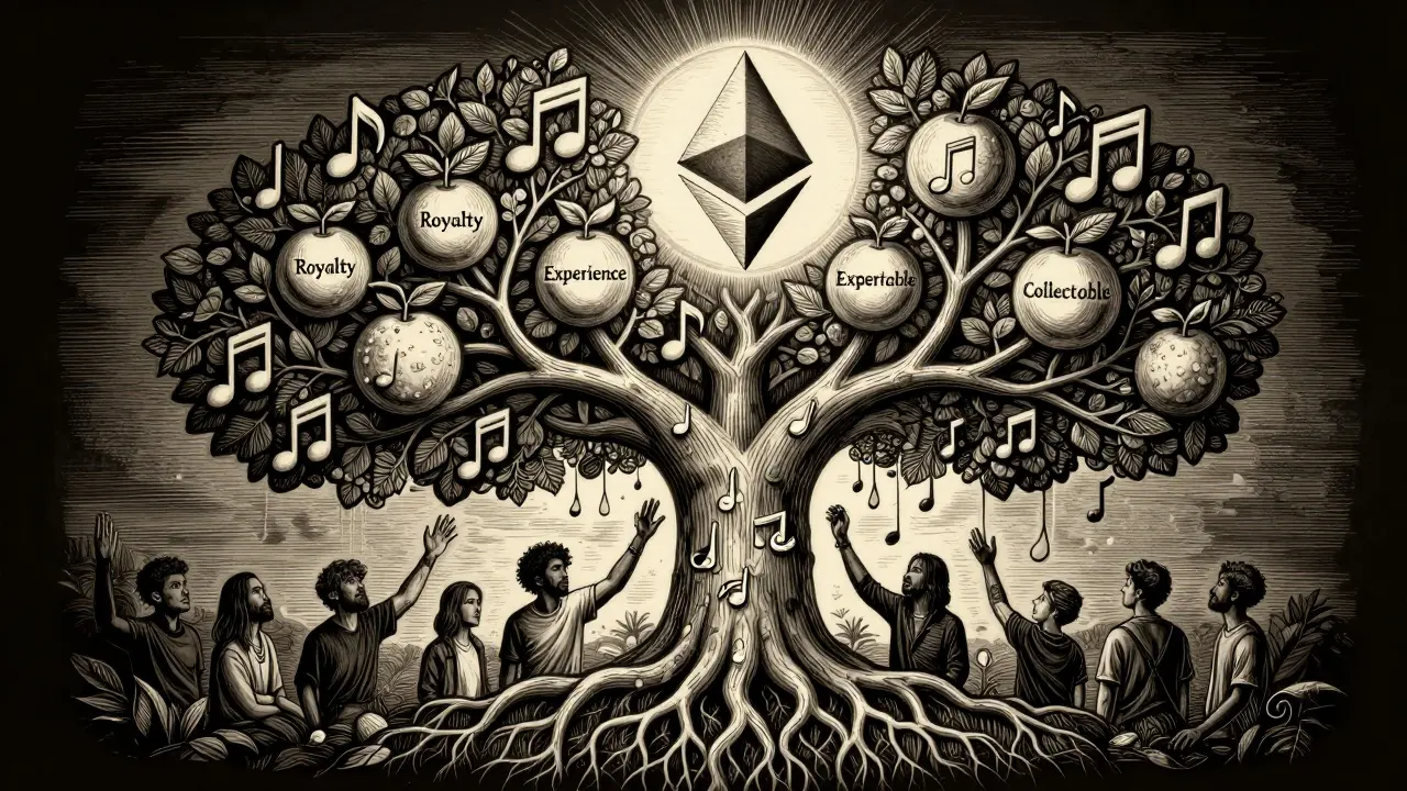 A blockchain tree with music note fruit, artists drawing energy from its roots, symbolizing decentralized music ownership.