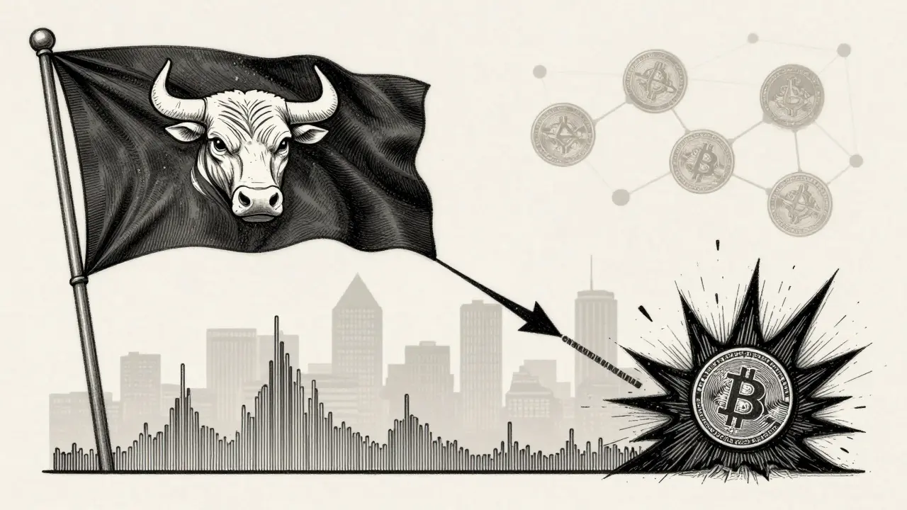 A bull flag pattern on a crypto chart with a sharp pole and low-volume consolidation, breaking upward with textured volume spikes.