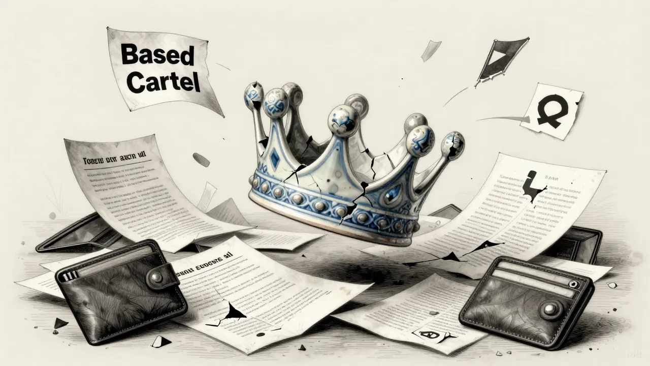 A cracked crown above discarded memes and whitepapers, symbolizing the hollow illusion of PEPLO's value.