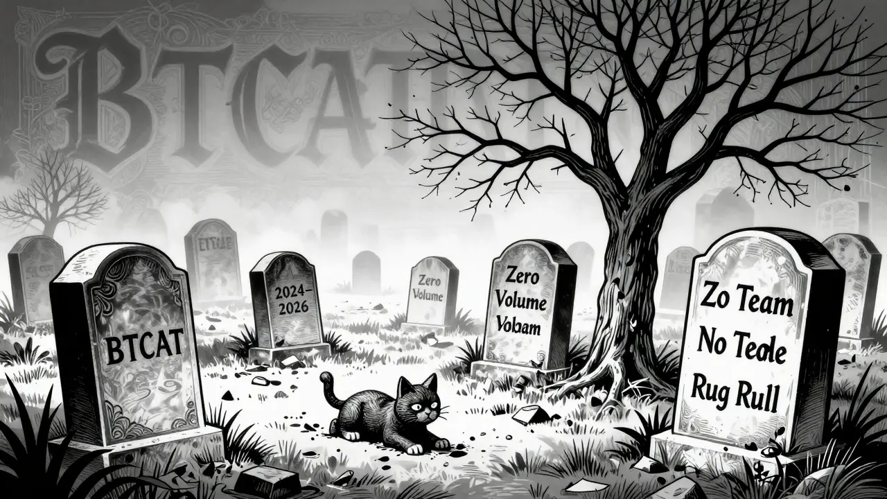 A crypto graveyard with tombstones for BTCAT and other dead tokens under a barren tree.
