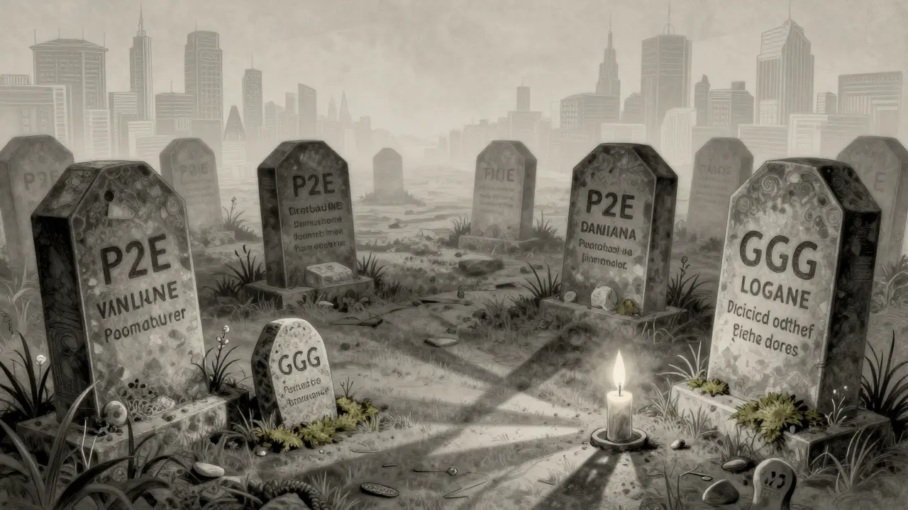 A crypto token graveyard with a tiny, moss-covered stone marked 'GGG', under a flickering candlelight, etching style.