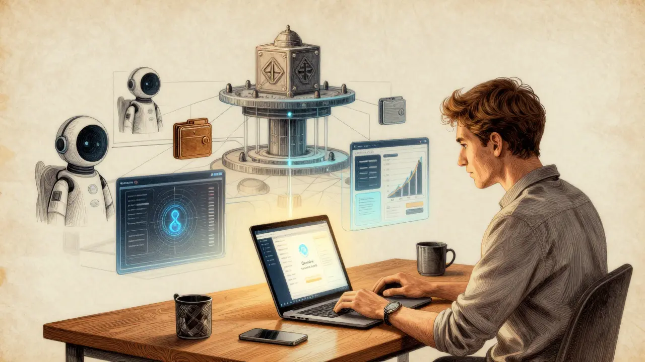 A developer using Lava Gateway while AI agents and wallets float above, connected to a multi-chain blockchain structure.