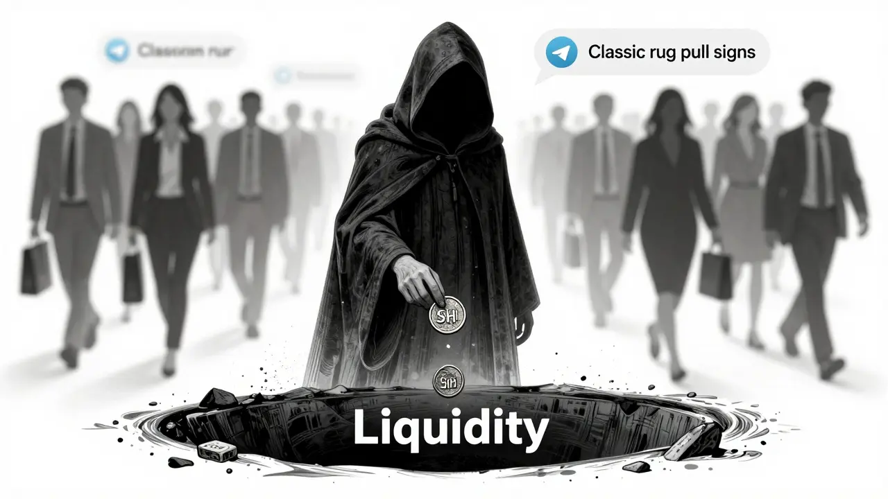 A figure dropping a SHIH coin into a void while investors walk away, with a ghostly text echo.