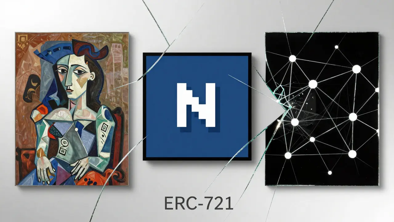 A fractured mirror reflecting physical art, an NFT, and a decentralized network, connected by a single etched chain.