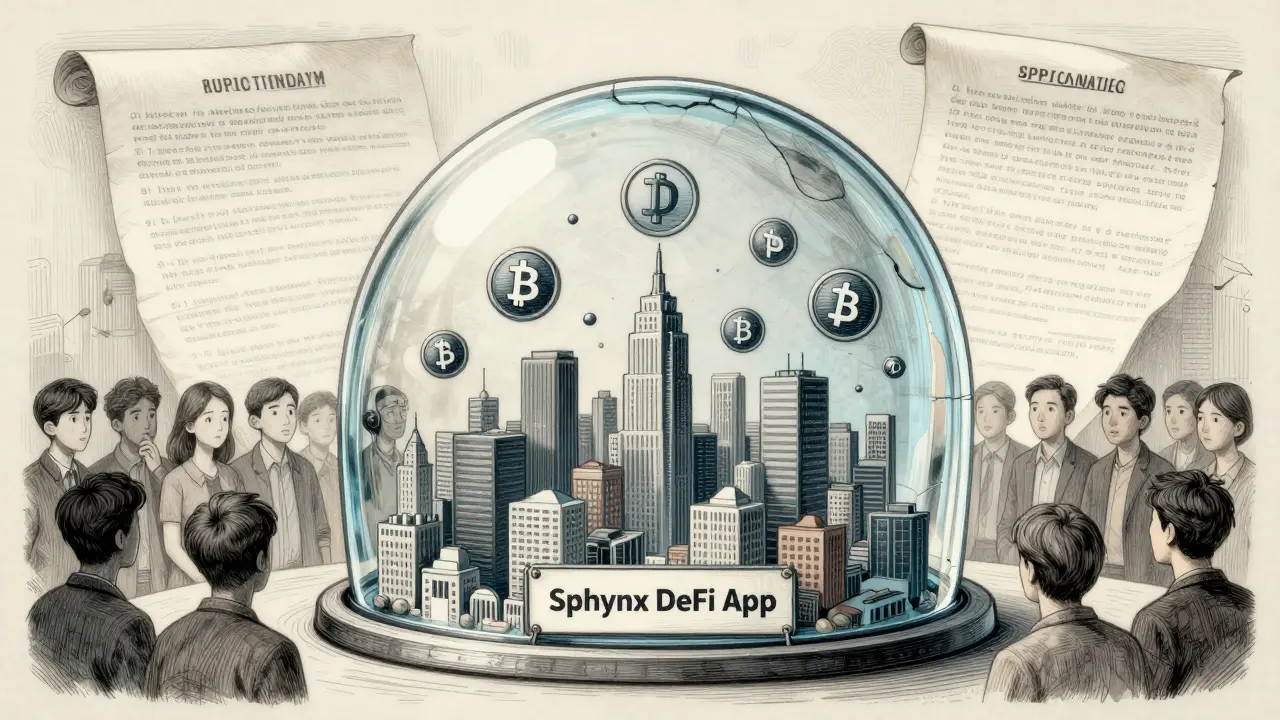 A fragile glass dome containing a crypto city, with users outside unable to enter, rendered in vintage etching style.