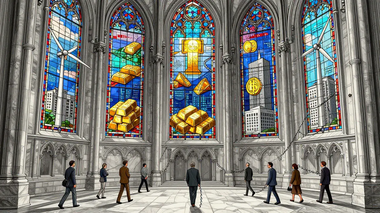 A grand financial cathedral with stained-glass windows showing tokenized real estate and commodities.