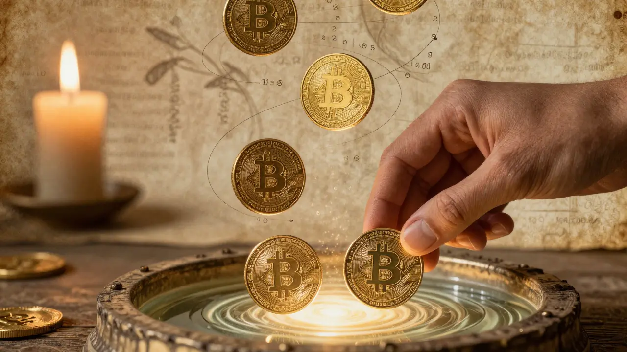 A hand depositing crypto tokens into a glowing pool, with LP tokens rising as engraved medals.