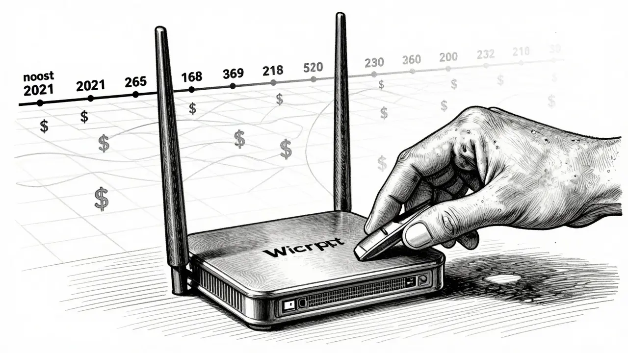 A hand installing a Wicrypt device with timelines showing token unlocks and microtransactions flowing through a Polygon network.