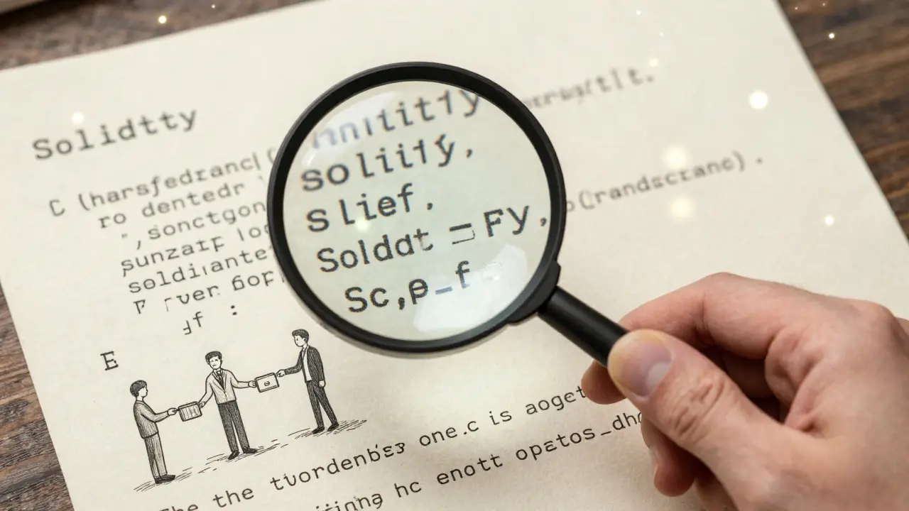 A magnifying glass over a detailed smart contract with Solidity code, developers passing tokens, and glowing IPFS nodes.