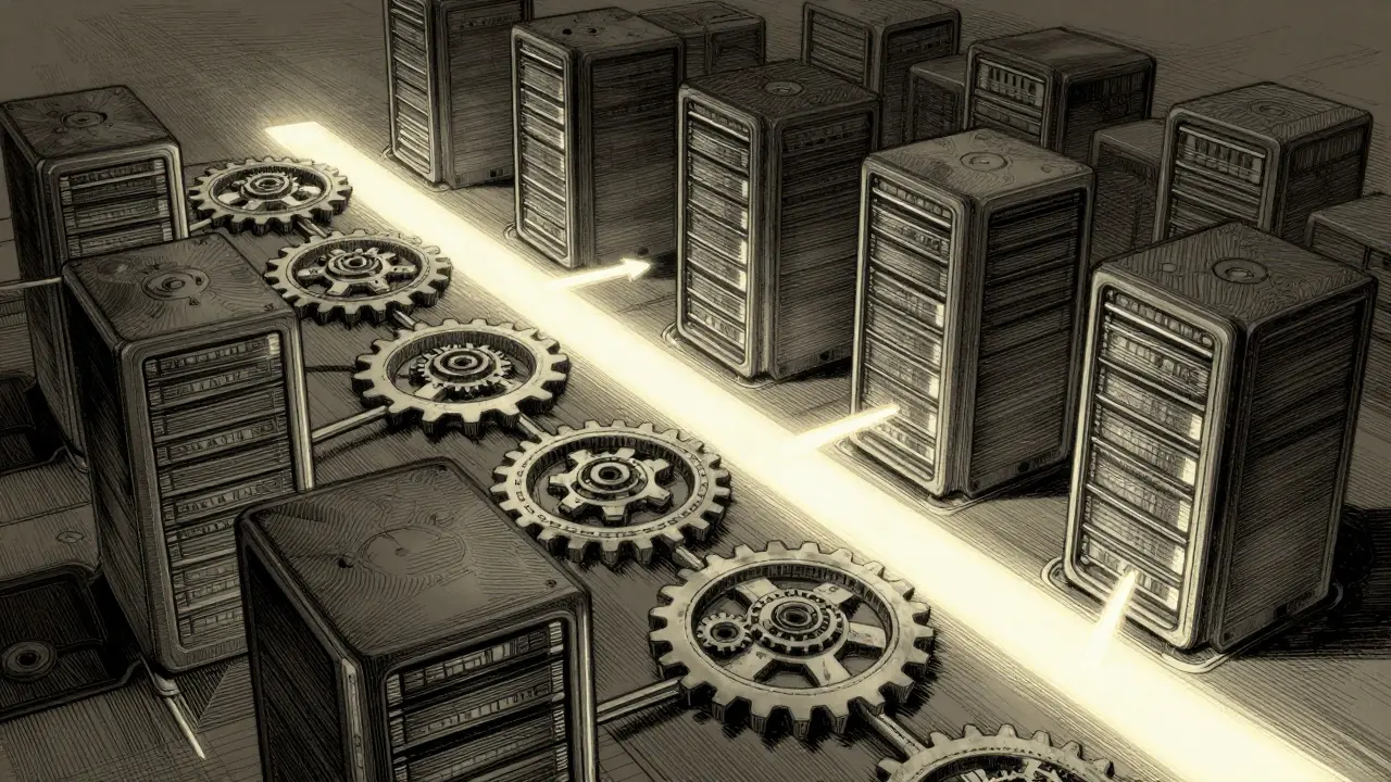 A request moving through mechanical server nodes, each with embedded LAVA tokens, one path glowing brightly.