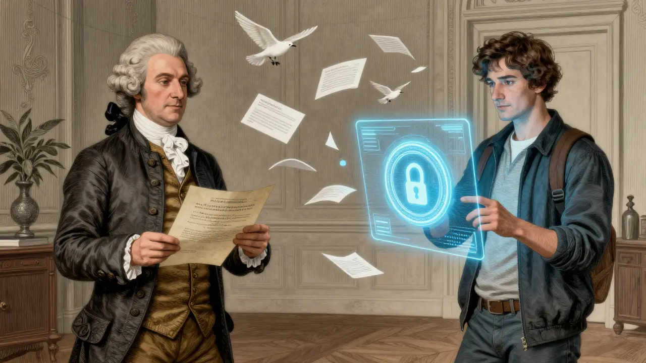 A split scene: a historical banker with paper stocks beside a modern investor with a digital security token.