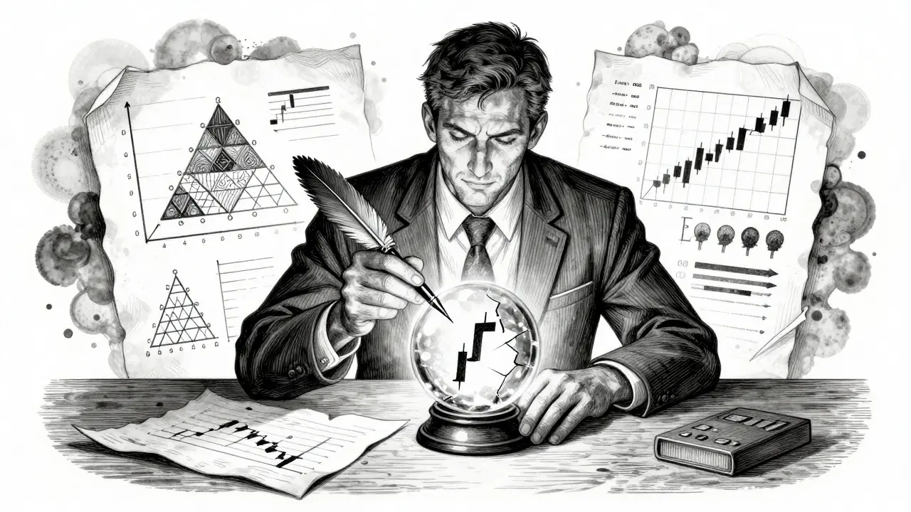 A trader studying crypto chart patterns on parchment with a quill, a cracked crystal ball revealing only a single candlestick.