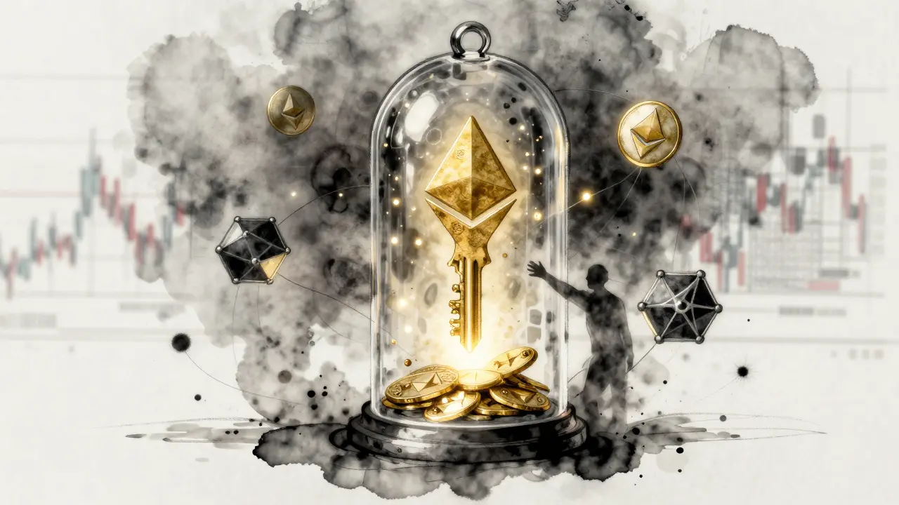 A transparent vault containing glowing private keys, surrounded by blockchain nodes in intricate etched lines.