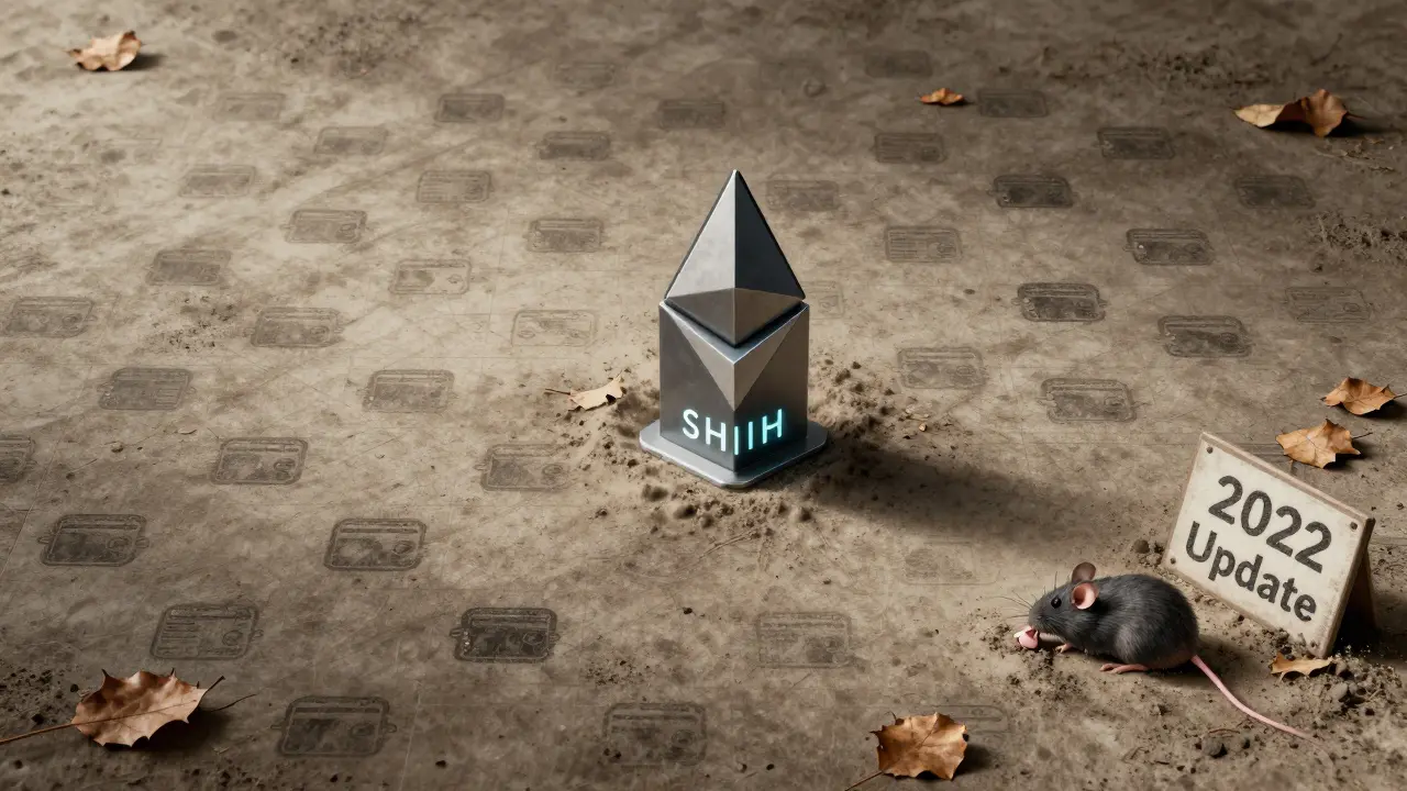 An empty blockchain grid with one weakly glowing SHIH token node and scattered empty wallets.