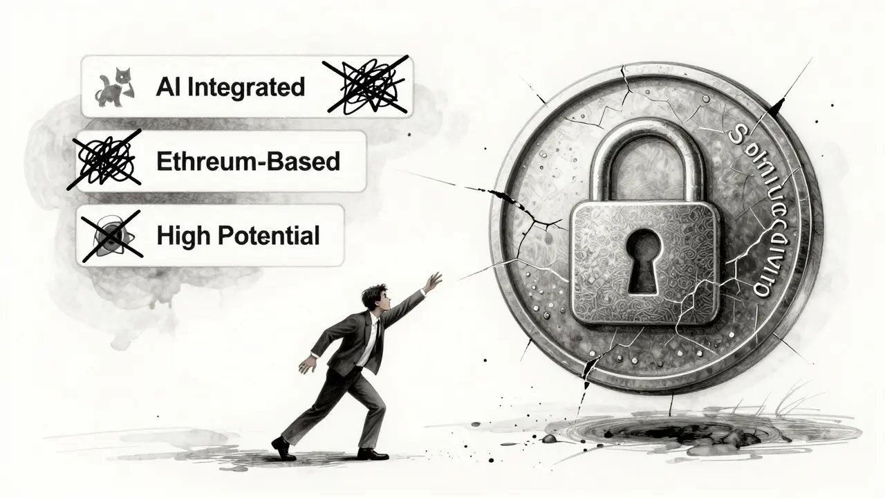 An investor reaches for a false crypto token surrounded by crossed-out lies and a locked blockchain.