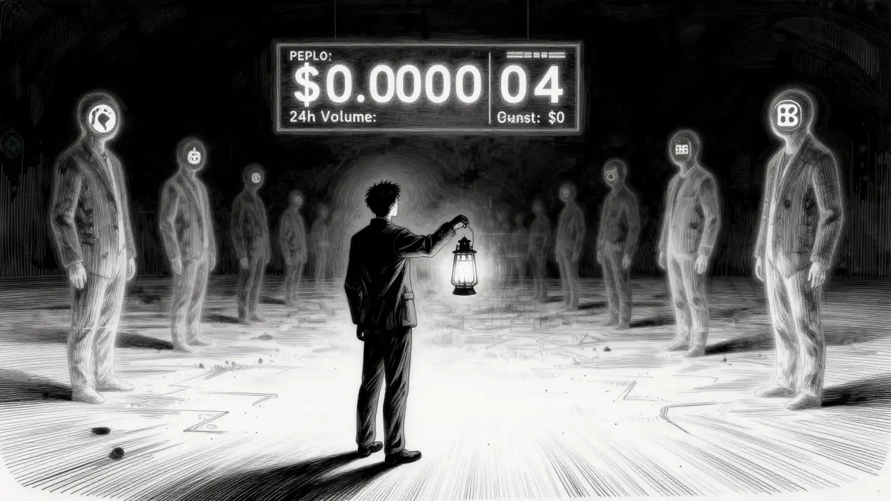 An isolated investor in front of a screen showing PEPLO's <h2>How does it compare to other meme coins?</h2> trading volume, standing in a void of forgotten crypto projects.