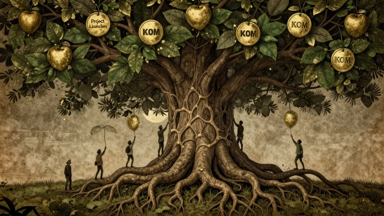 Ancient blockchain tree with KOM token fruit, people climbing equally for access.