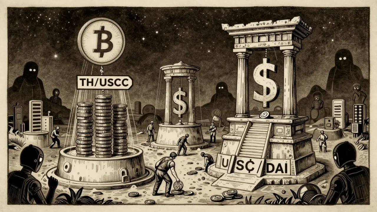 Ancient temple-like liquidity pools under a starry sky, with farmers collecting fees and shadowy threats nearby.