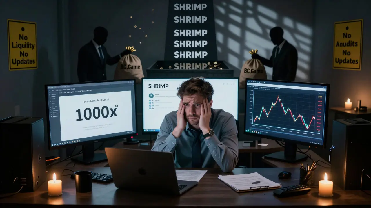 Confused investor surrounded by screens showing fake SHRIMP crypto promises, with shadowy figures dumping coins into a gambling exchange.