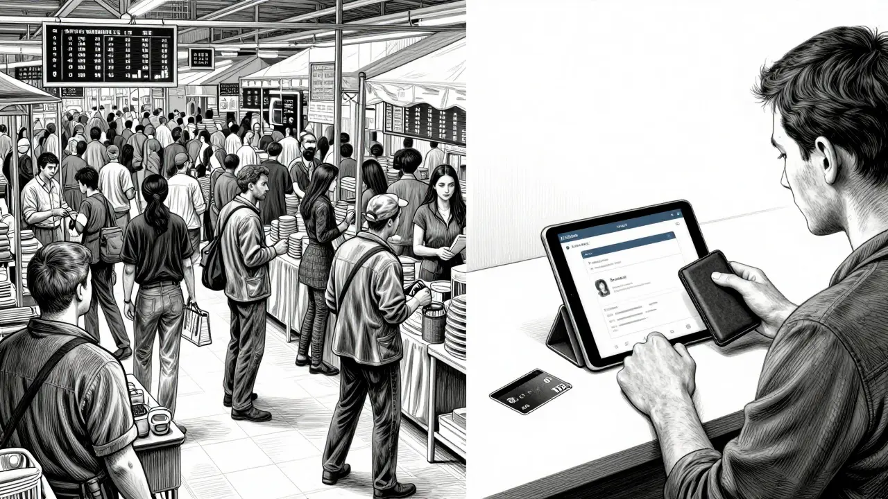 Contrasting busy trading floor with a calm Nash user holding a hardware wallet in detailed etching.