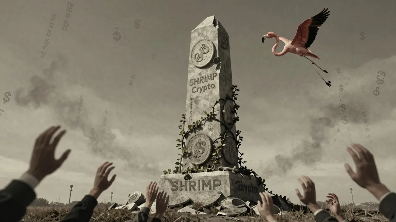 Crumbling SHRIMP Crypto monument with fake promises entwined, a lone flamingo flying away as holders reach in vain.