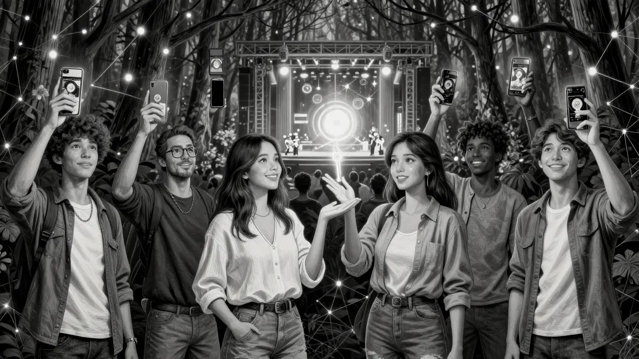 Fans viewing holographic NFT album art that unlocks a virtual concert in a forest, surrounded by blockchain networks.