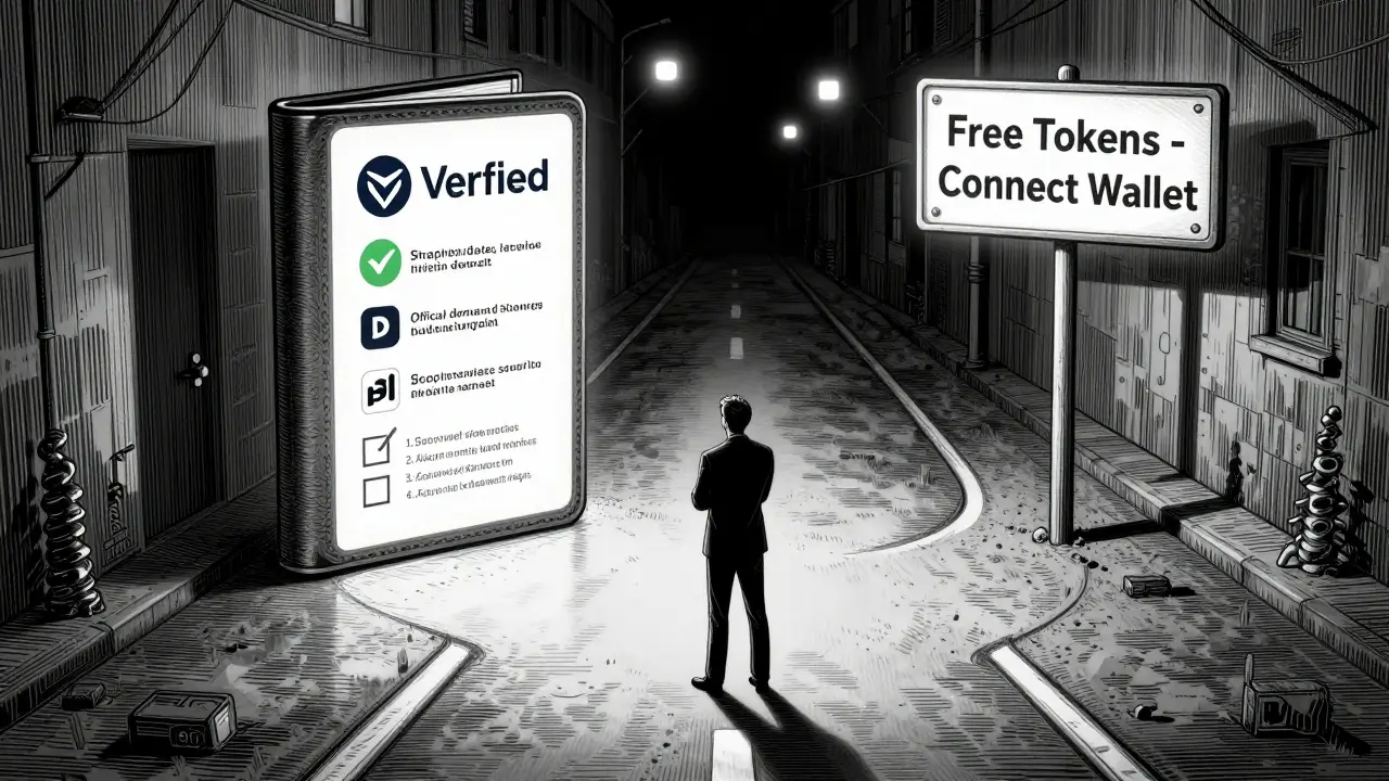 Investor at a crossroads: one path leads to secure crypto practices, the other to scam DMs and fake claims.