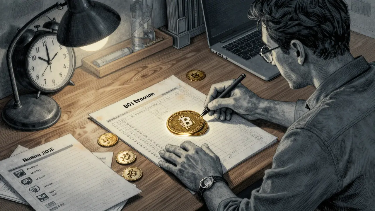 Investor bridging old KOM tokens to BNB Chain at a desk, with task checklists nearby.