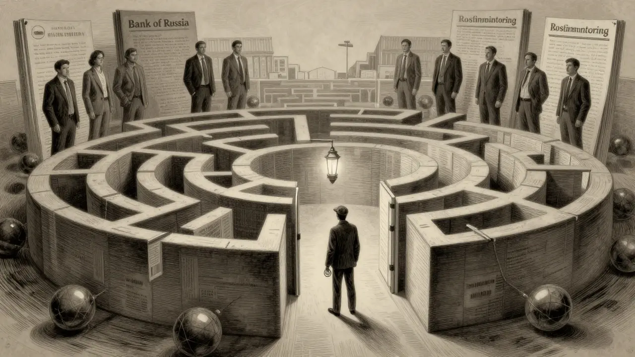 Labyrinth of legal documents and blockchain nodes, entrepreneur at entrance watched by authorities.