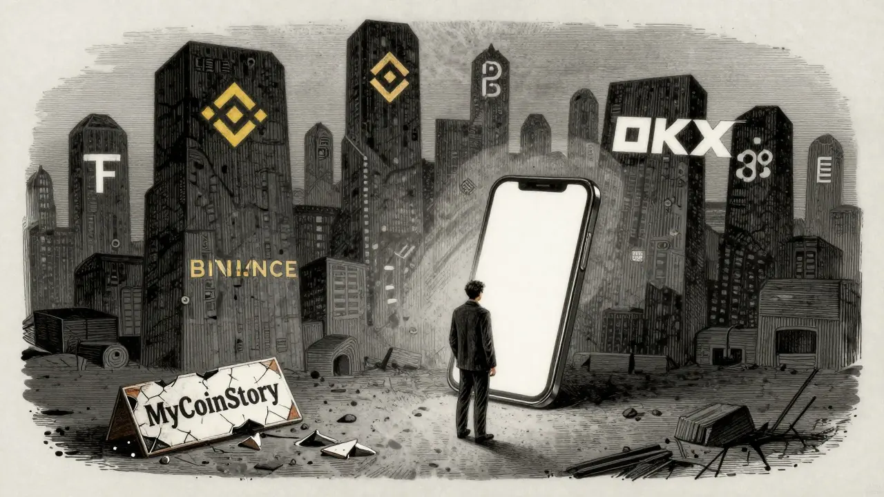 Lonely trader facing a blank screen as giant competitors loom, etching style.