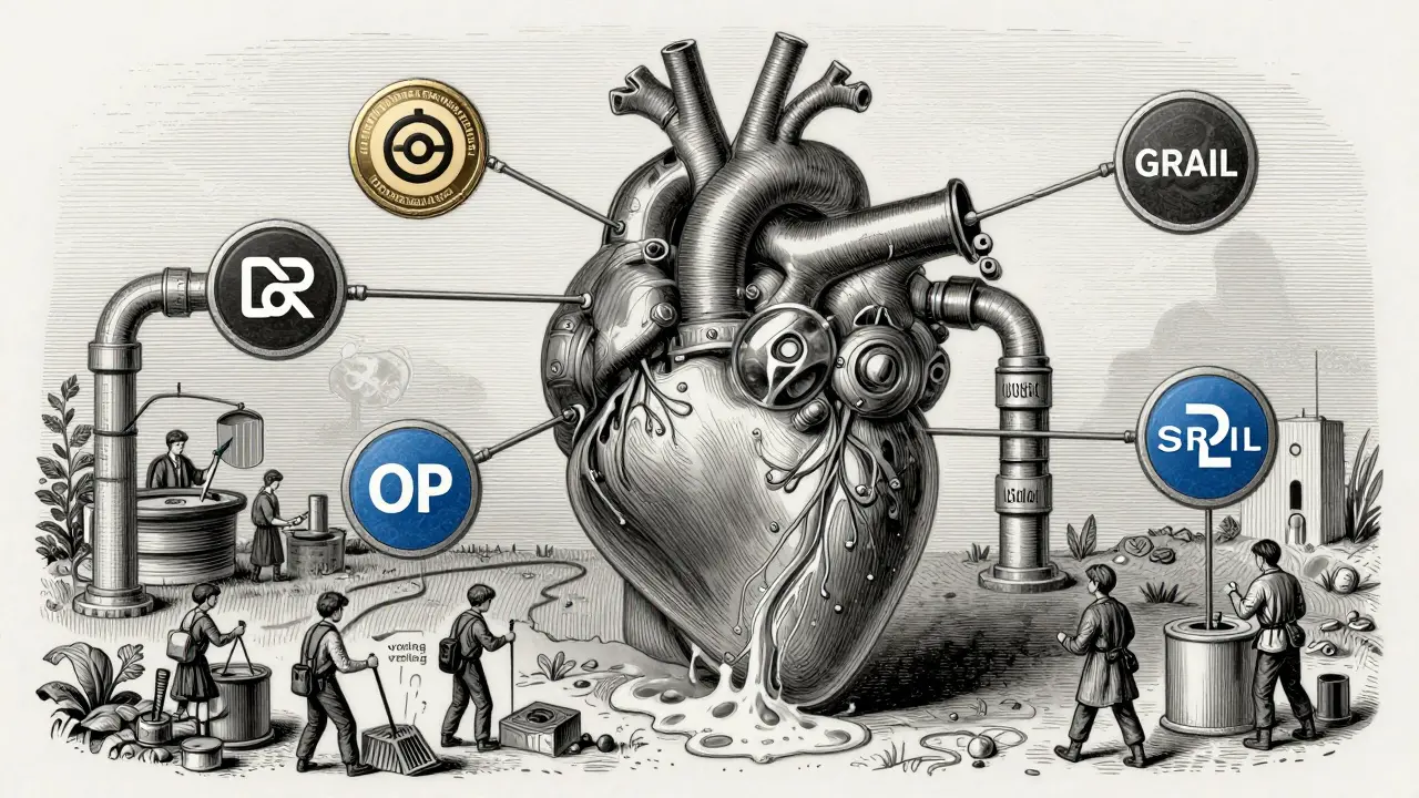 Mechanical heart of Base blockchain with tokens as pipes and liquidity as blood, tended by tiny traders.