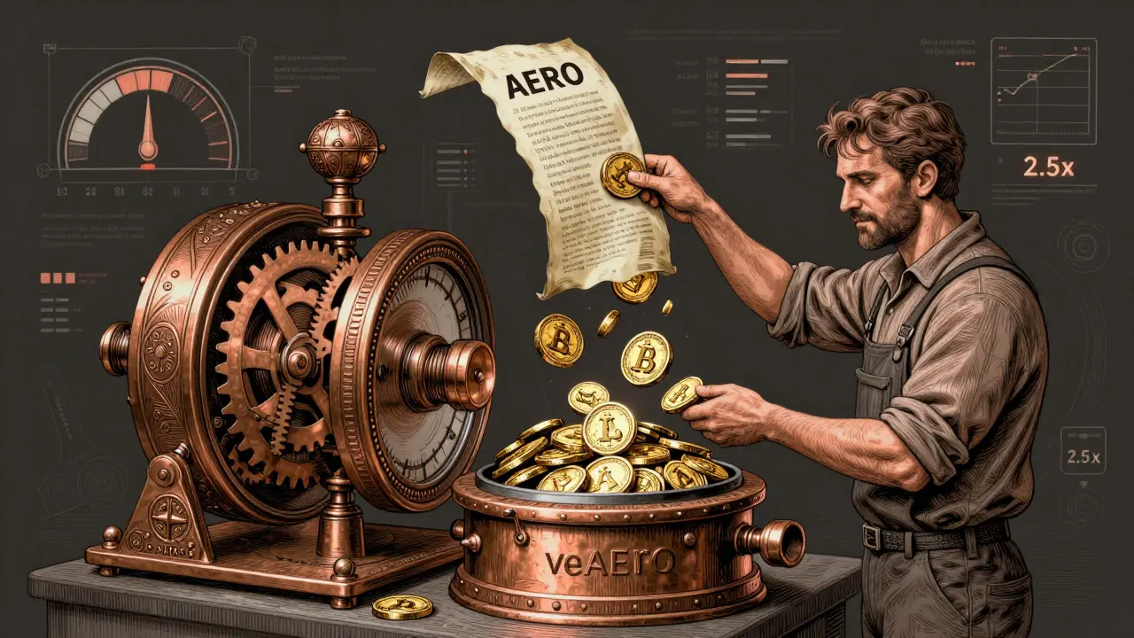 Ornate brass vault locking AERO tokens into veAERO for four years, with reward multipliers rising as scrolls.