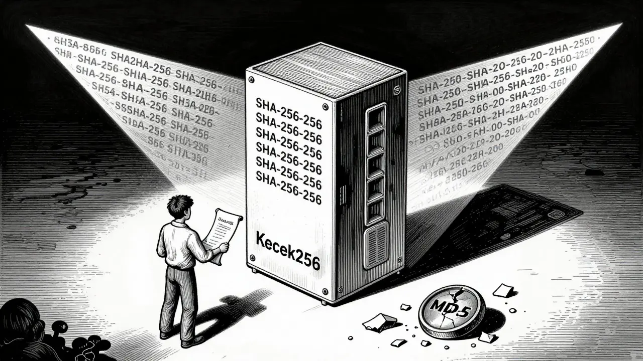 Quantum light distorting blockchain hashes, with a developer holding a secure algorithm scroll.