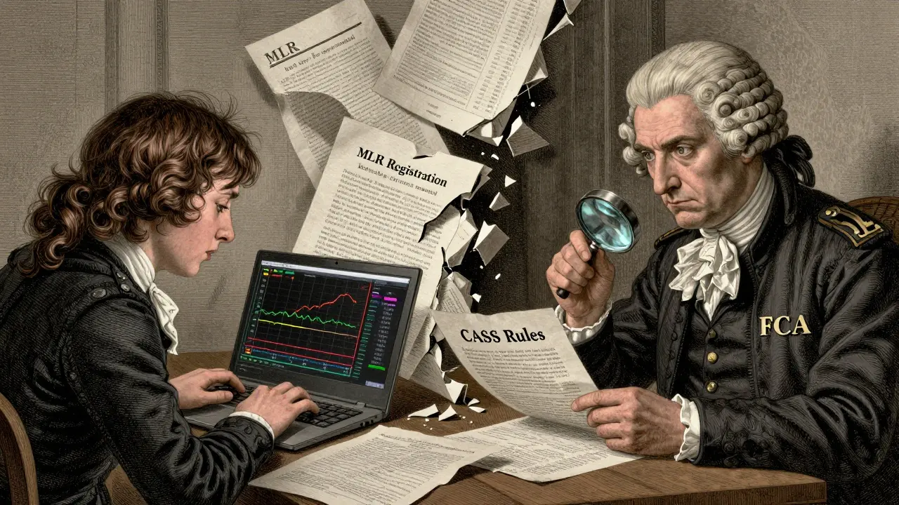 Split scene: retail trader vs. FCA inspector reviewing compliance documents, in detailed etching style.