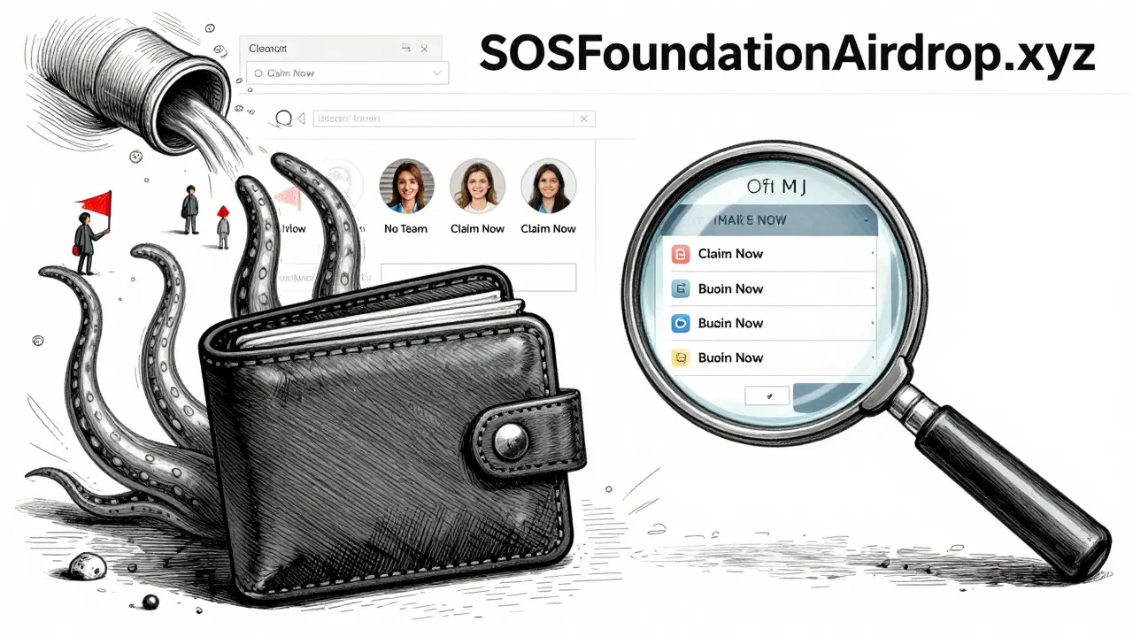 Wallet being drained by tentacles from a scam website, with red flags and empty ledgers visible.