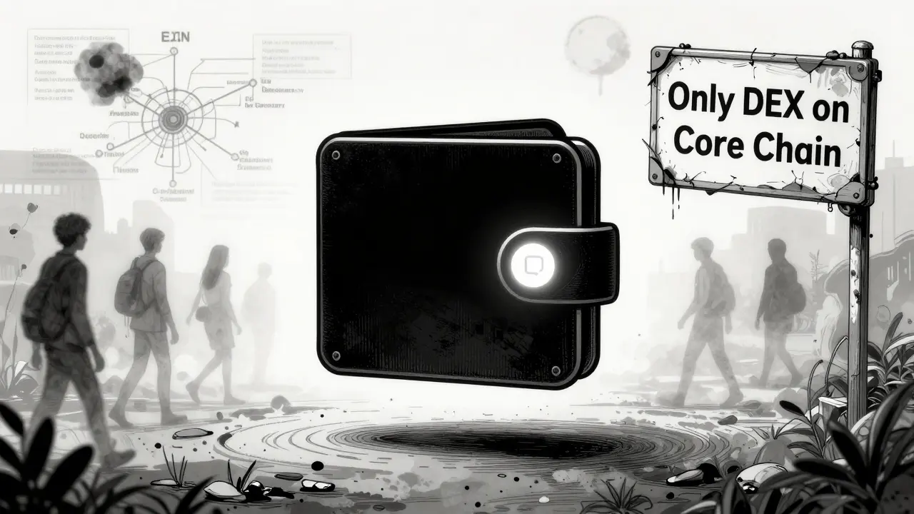 A blank black-box interface with a glowing wallet, while ghostly users walk away and a fading roadmap crumbles in the background.