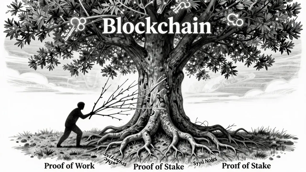 A blockchain tree rejecting fake branches as its roots draw strength from Proof of Work and Stake.