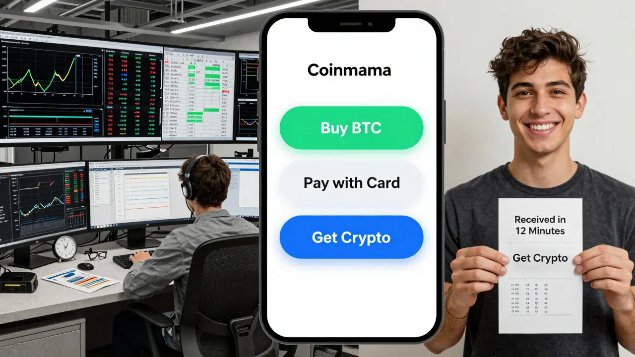 A comparison: chaotic trading platform vs. Coinmama's minimalist app, with a user receiving crypto in under 15 minutes.