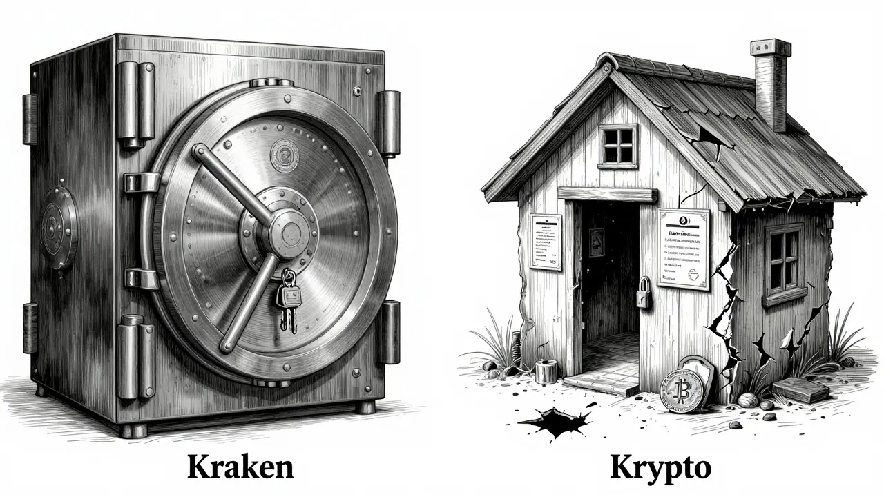 A contrast between a secure, regulated exchange vault and a crumbling scam site, illustrated in etching.