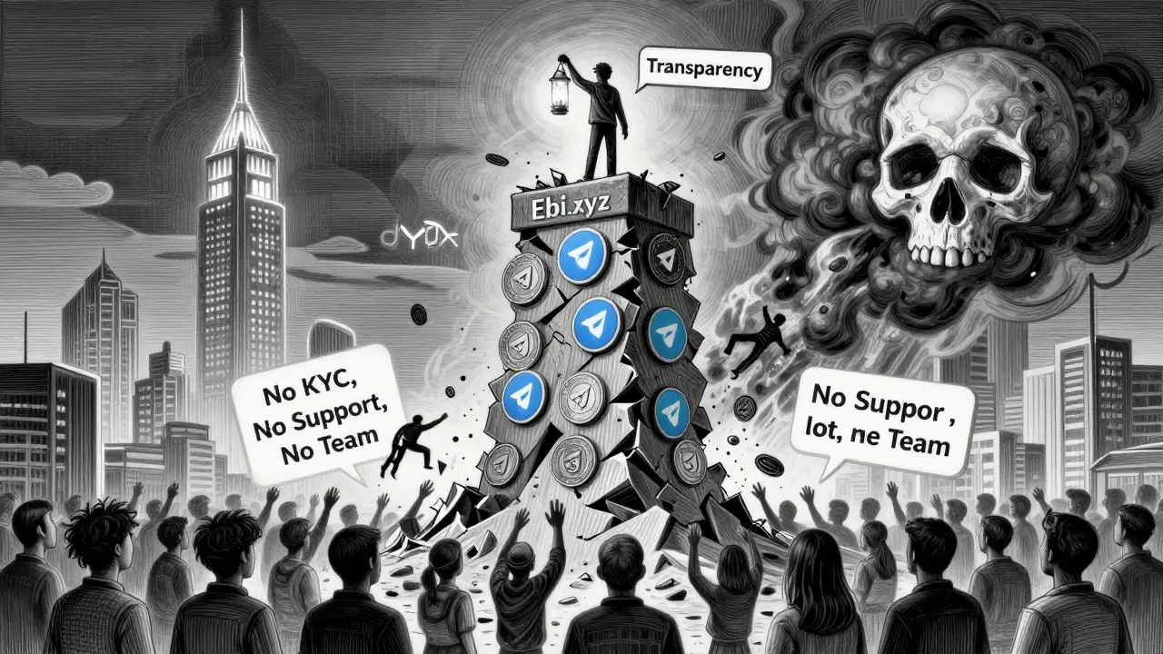 A crumbling Ebi.xyz tower built on meme coins, with users reaching upward as a faint transparency lantern dims above.