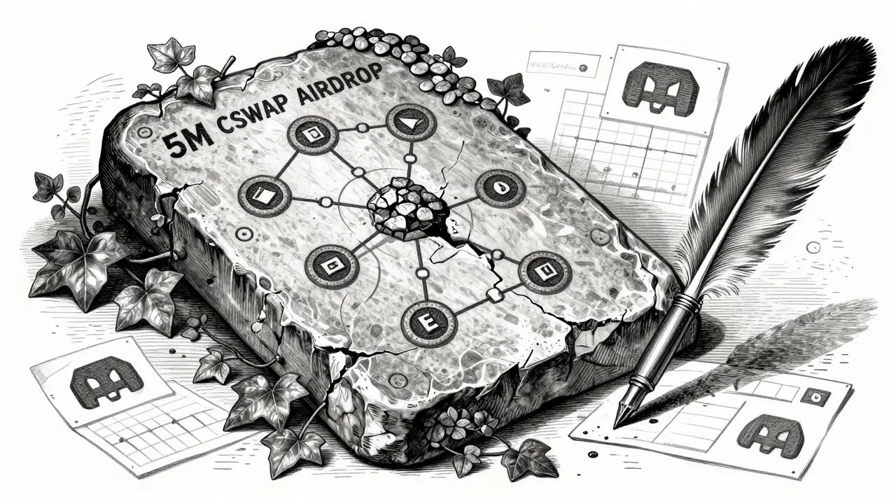 A crumbling stone tablet with erased tokenomics, abandoned quill, and silent market charts.