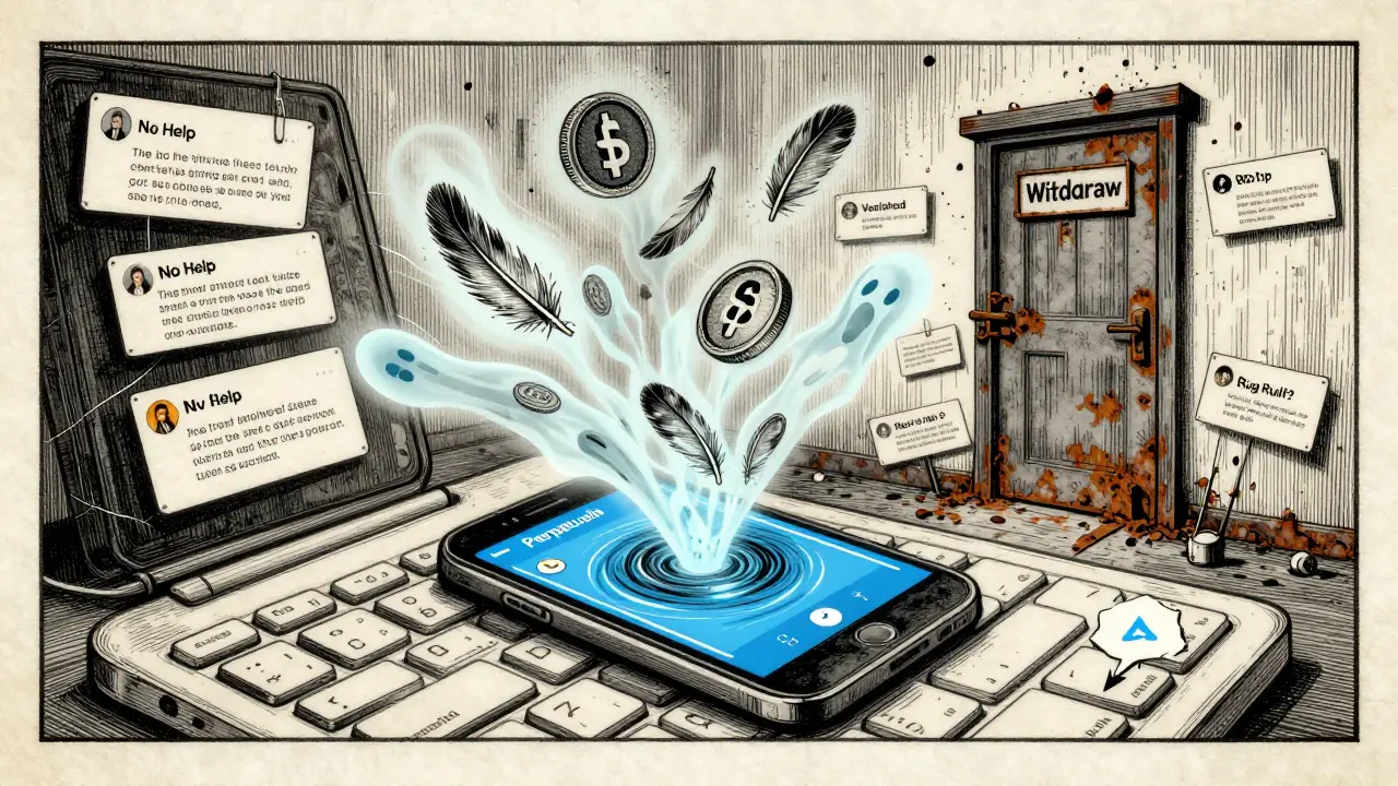 A digital wallet in Telegram flowing into a vortex of perpetual short positions, with a locked withdraw door and negative reviews.