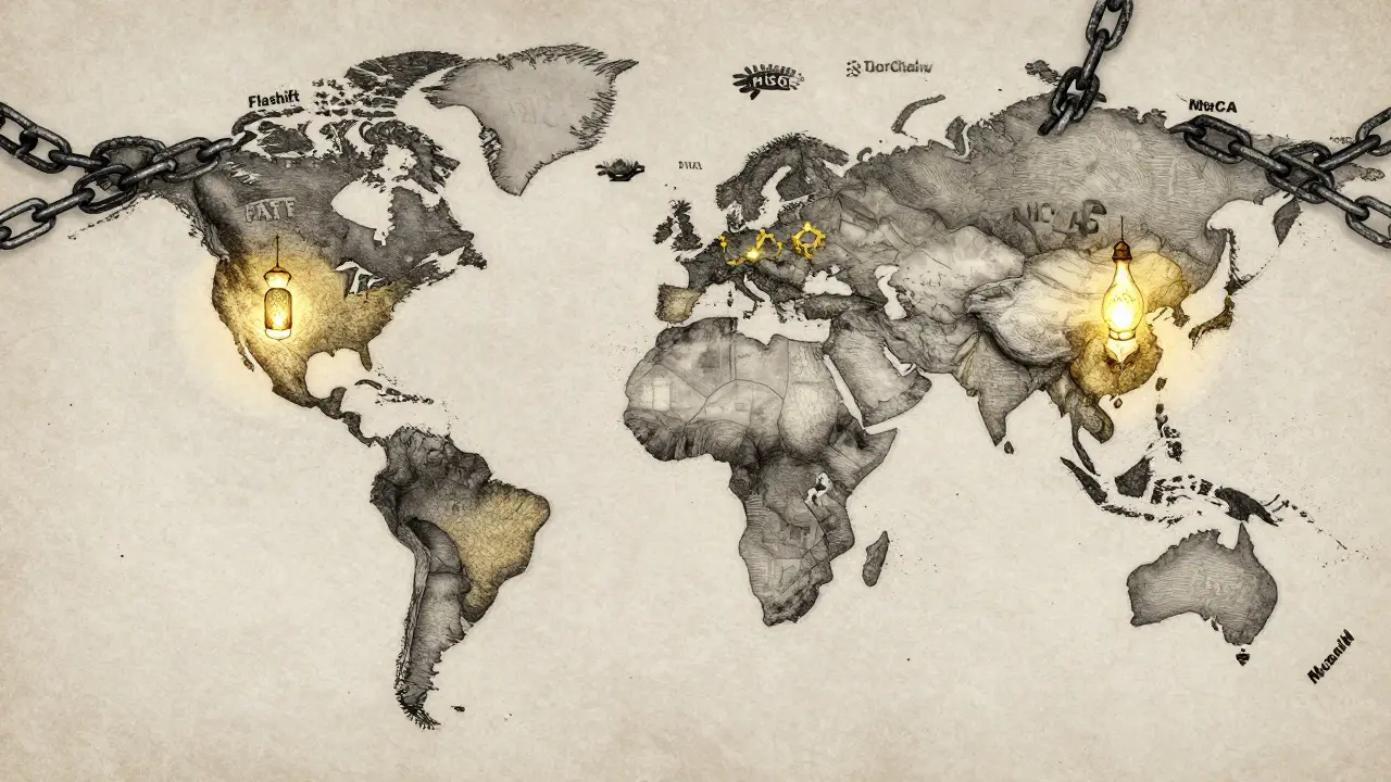 A fractured globe with regulated regions chained and others glowing with decentralized exchange icons, etching style.