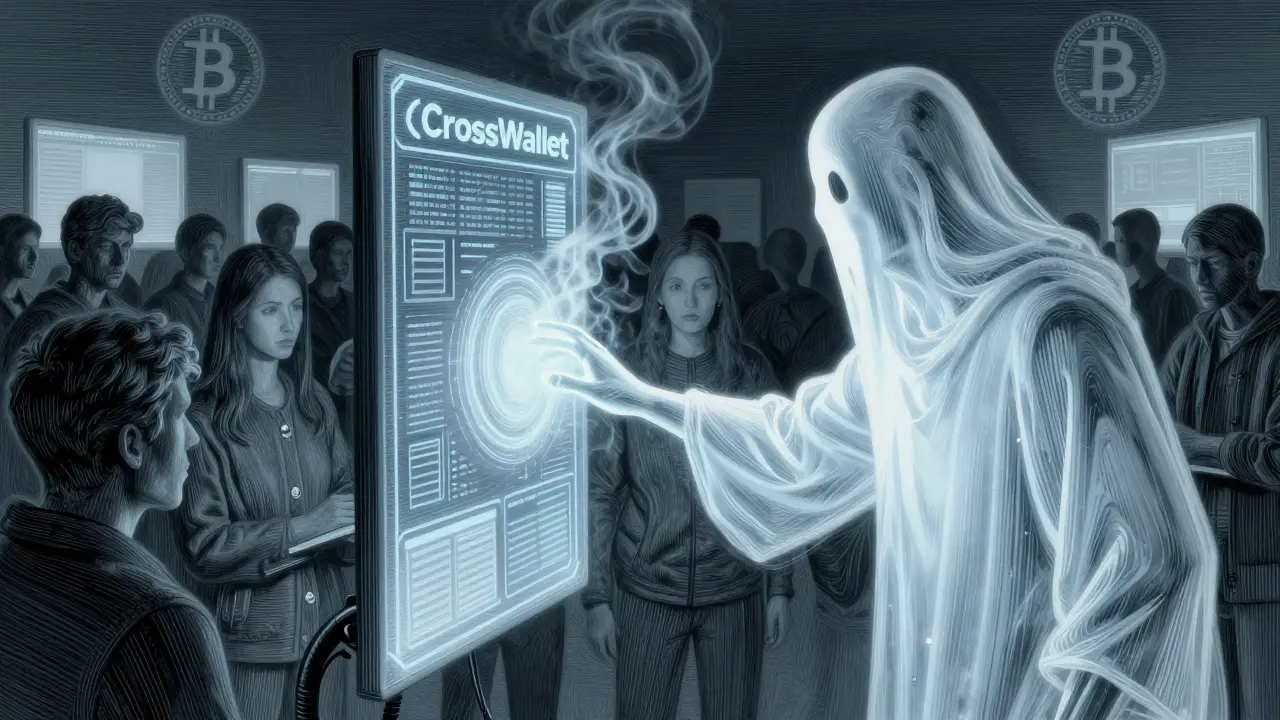 A ghostly figure reaching through a dead digital portal as shadowy users stare at blank screens.