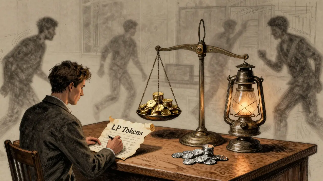 A liquidity provider at a desk with gold and silver coins on a tilting scale, faint traders in shadows.