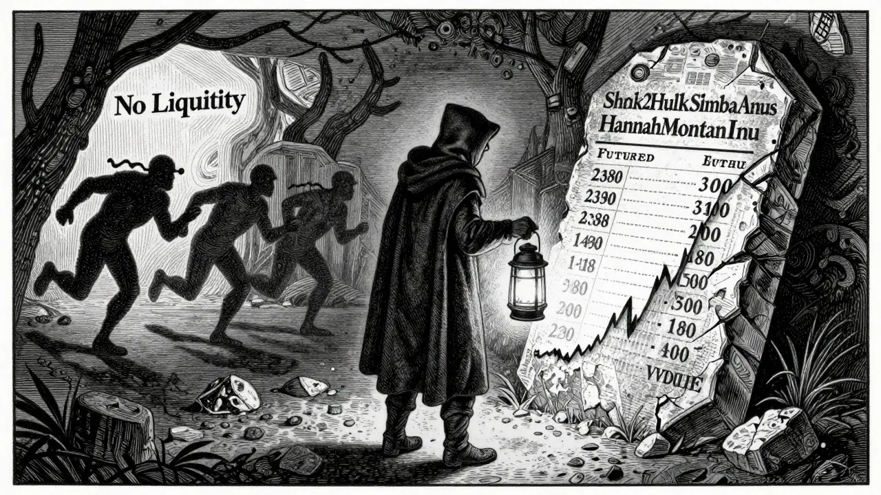 A lone figure confronting a crumbling tablet with the absurd token name, surrounded by shadows of failed trading.