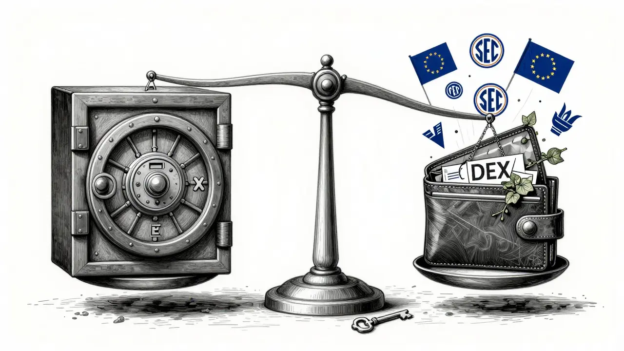 A scale balancing a locked CEX vault against an open DEX wallet, with regulatory symbols creeping in.